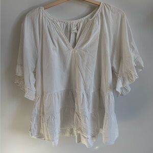 Anthropologie 100% Cotton White Ruffle Sleeve Tiered Top, Size Medium Maternity